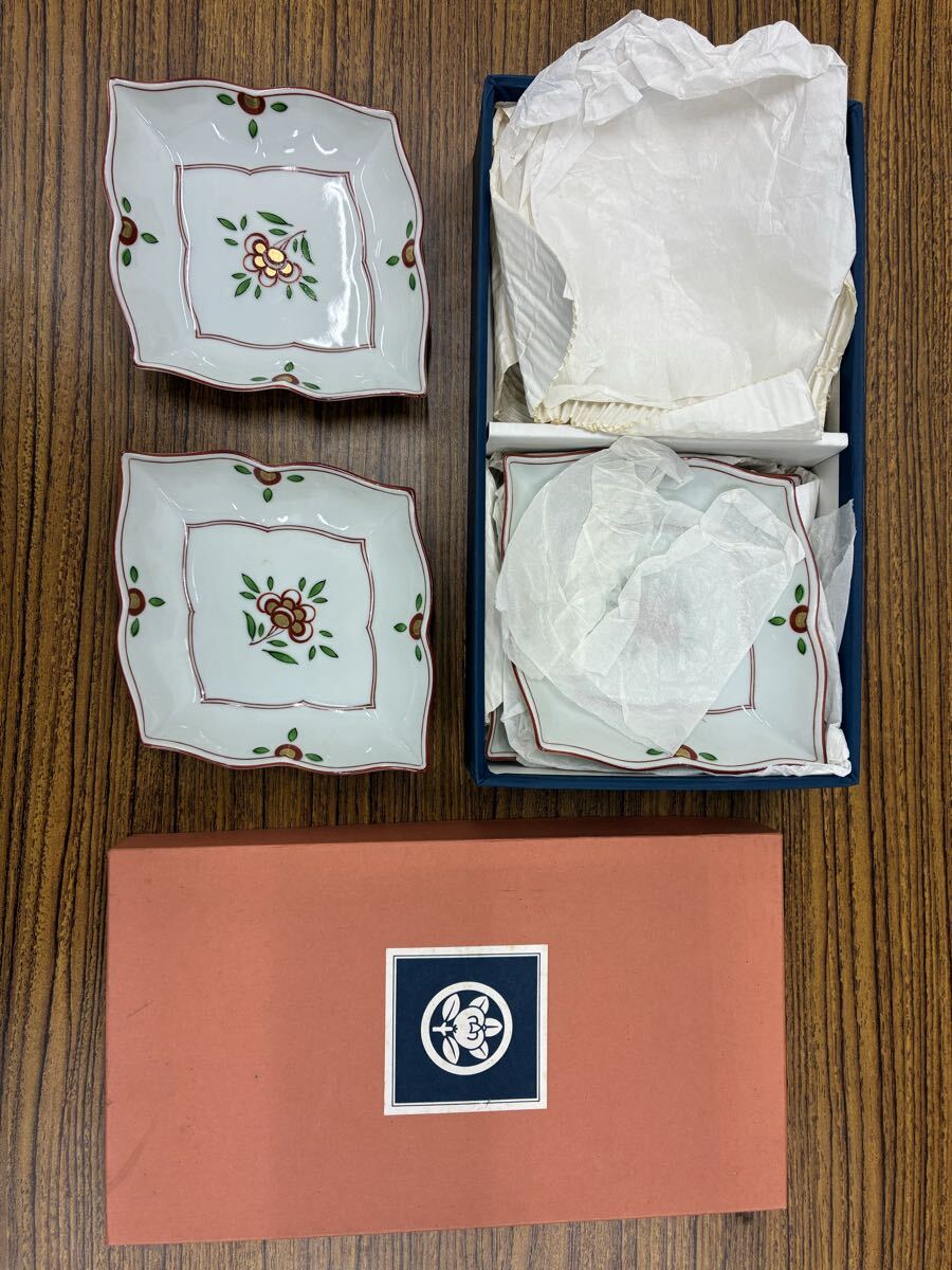 2042 たち吉 橘吉 赤絵 金彩 花鳥 銘々皿 5枚セット 共箱付き 角皿 小皿 和食器 京焼 アンティーク 現状品