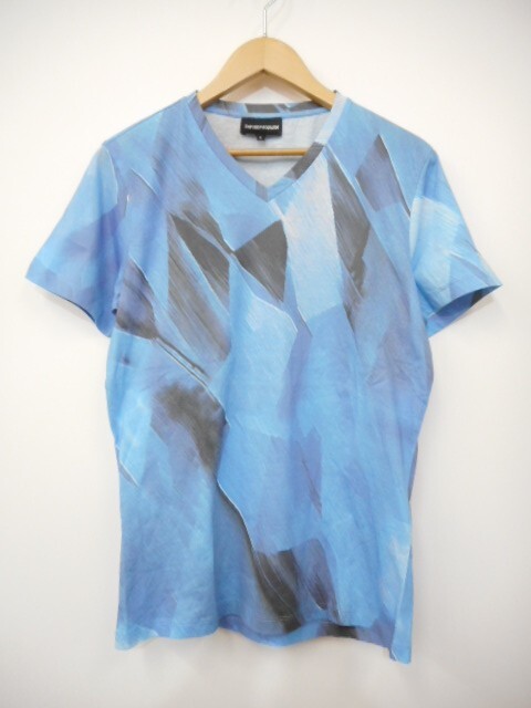 67 送60サ 0618UD02 EMPORIO ARMANI エンポリオアルマーニ メンズ 半袖プリントTシャツ ブルー系 サイズS 中古品