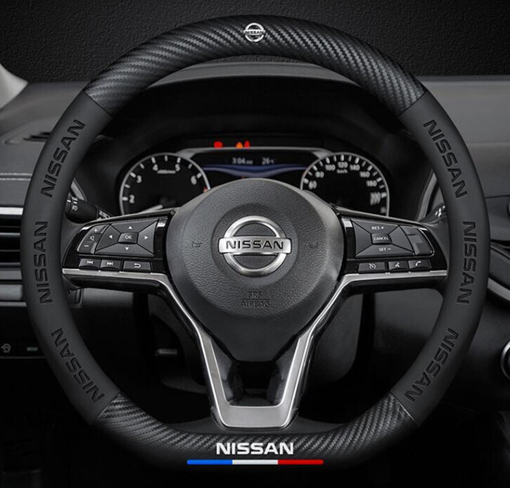 日産専用 ハンドルカバー ステアリングカバー D型 本革 カーボン調 ◆超特上即納◆ 黒