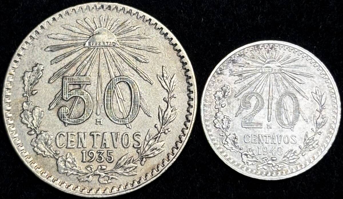 【メキシコ銀貨・2枚セット】(1935,40年銘 8.0&3.4g 直径27&19mm)