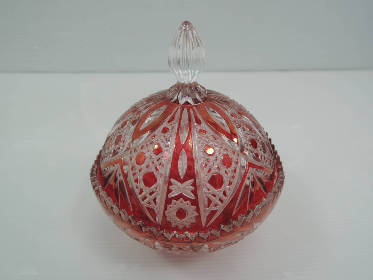 △カットガラス 切子 ガラス鉢 小物入れ フタ付き インテリア 小物収納/管理6617A12-CF0126