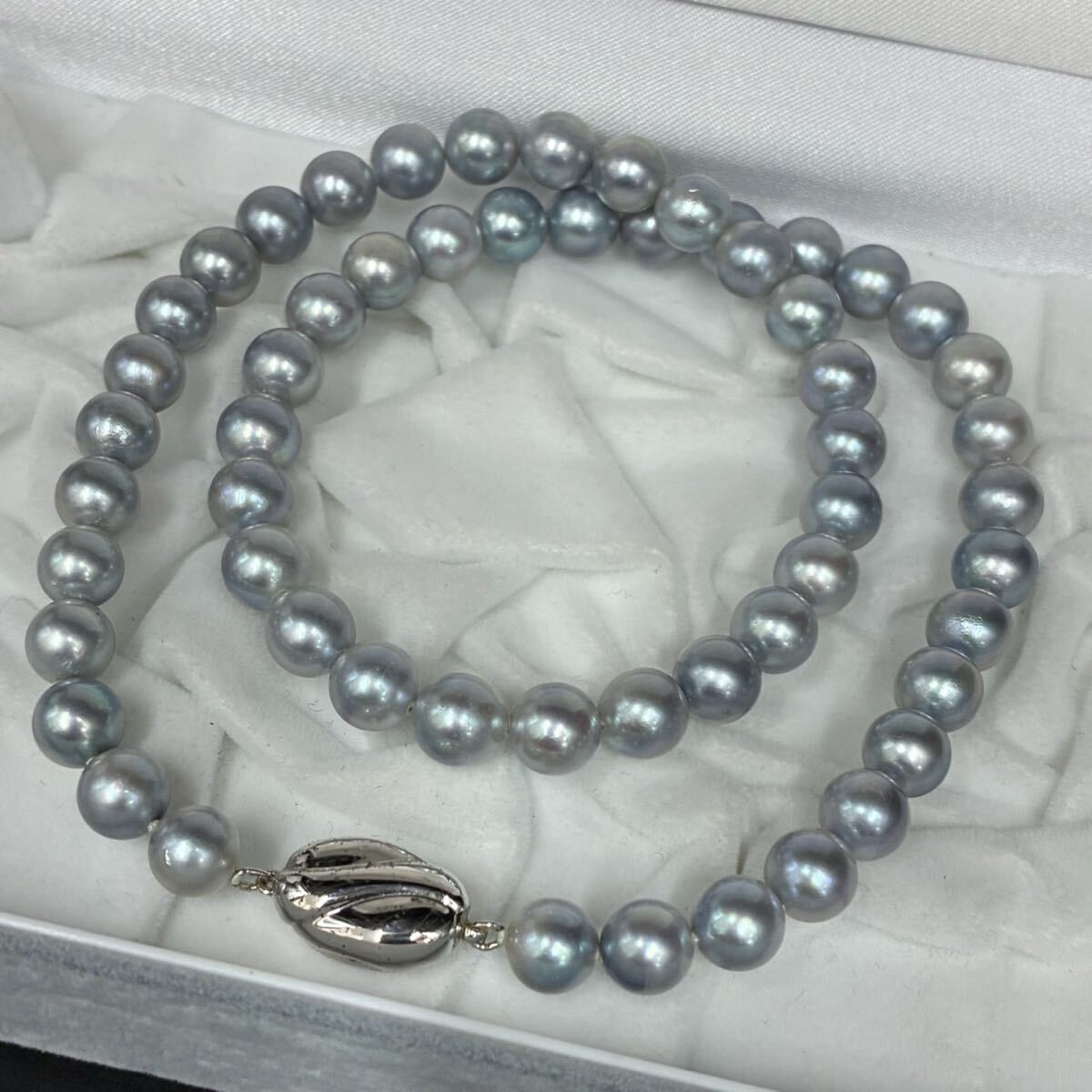 ◇1円スタート アコヤ ナチュラルグレー 真珠 パール ネックレス 留め具silver 7-7.4mm 総重量約34.7g あこや Pearl HE06063