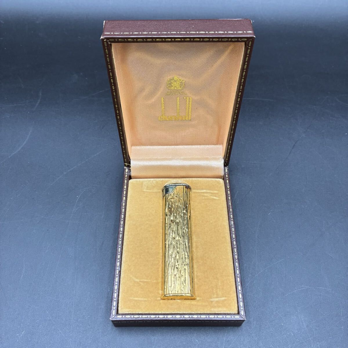 1円スタート Dunhill ダンヒル スリム オーバル 総柄 ローラー式 喫煙具 ガス ライター ゴールド ケース付き 着火未確認 現状品 AY0606ち