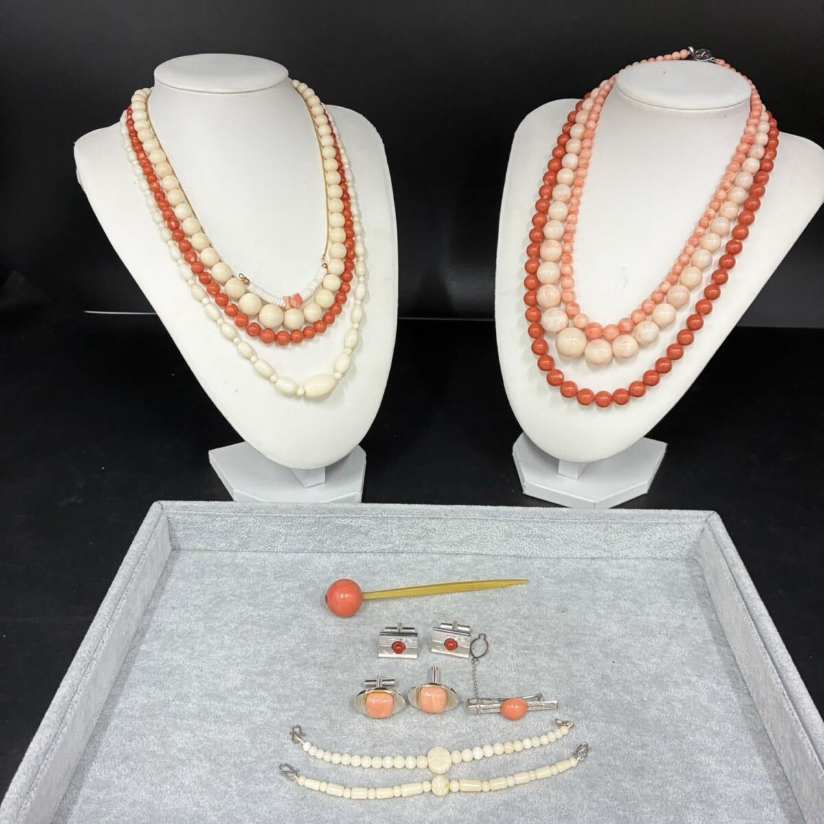 1円スタート 血赤 桃色 珊瑚 サンゴ ネックレス ブレスレット カフス ピン まとめ 総重量約291.3g coral コーラル アクセサリー TK060712