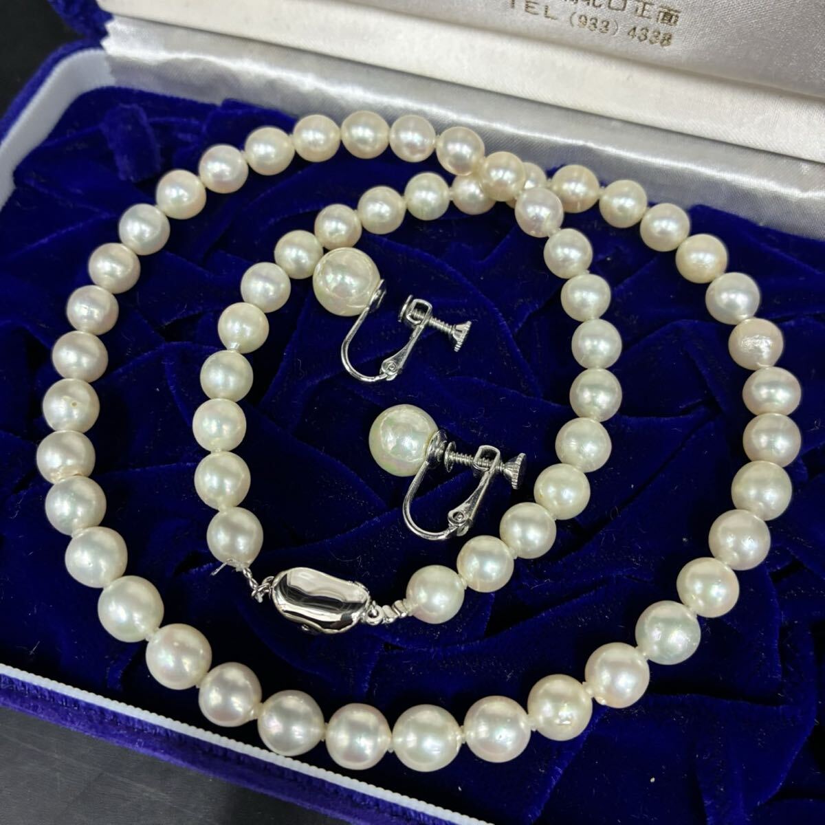 ◇1円スタート アコヤ 真珠 パール ネックレス イヤリング 留め具silver 6.9-10.2mm 総重量約38.9g あこや Pearl テリ良 TK060720