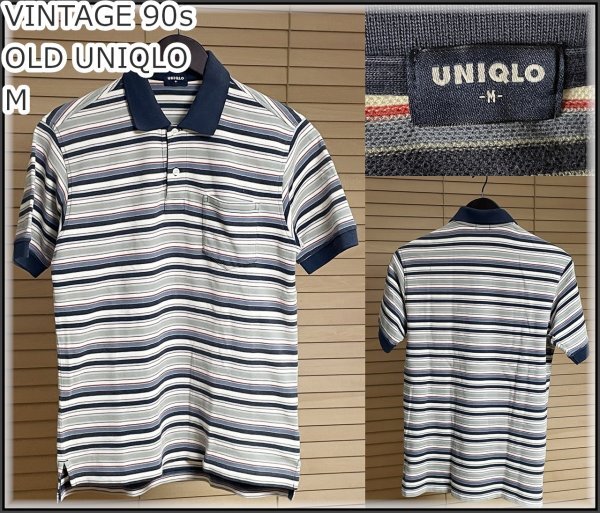 ★【並品 国内正規品】90s ビンテージ オールド ユニクロ UNIQLO 紺タグ コットン 85％ ポリエステル 15％ 3456-403 ボーダー ポロシャツ M