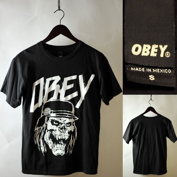 ★【レア！インパクト◎】OBEY オベイ ミリタリースカルTシャツ（半袖） サイズS USED品 ブラック