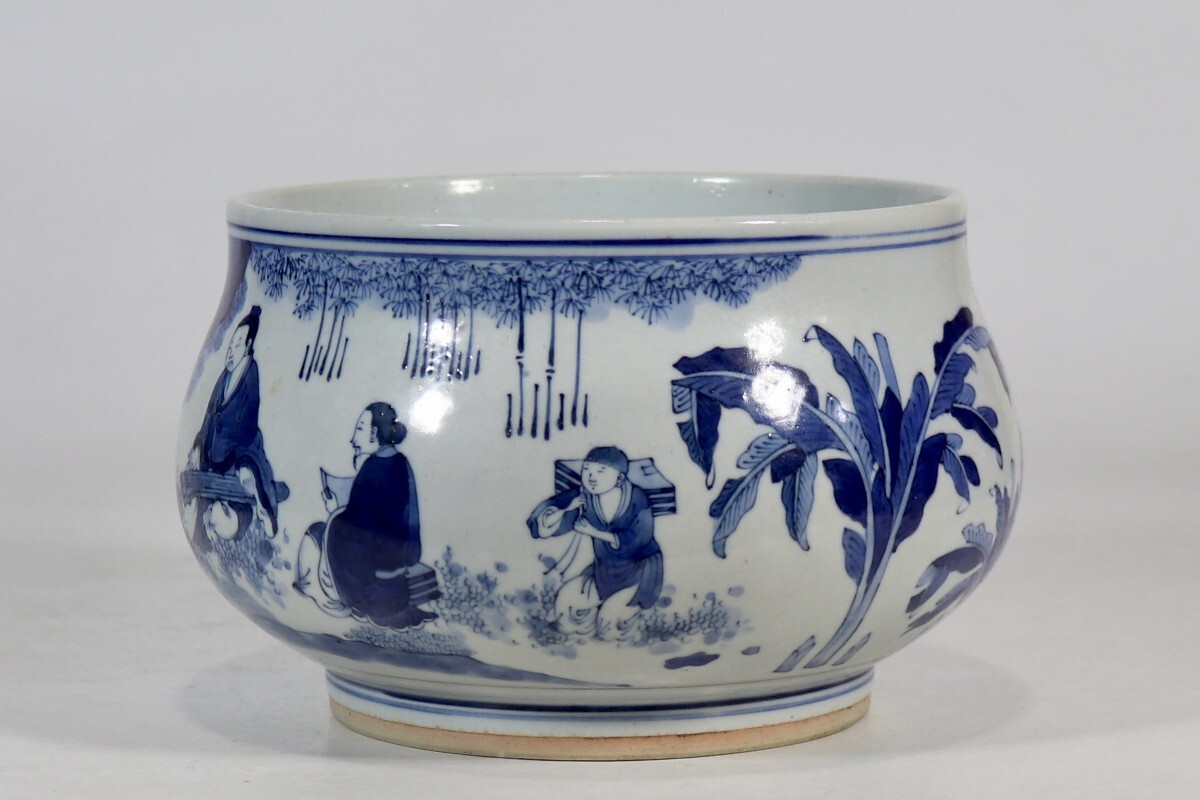 中国古美術 明時代 青花 人物 香炉 陶磁器 骨董 古玩 時代物 中国美術 古美術 骨董品 唐物 当時物 口径18cm w12