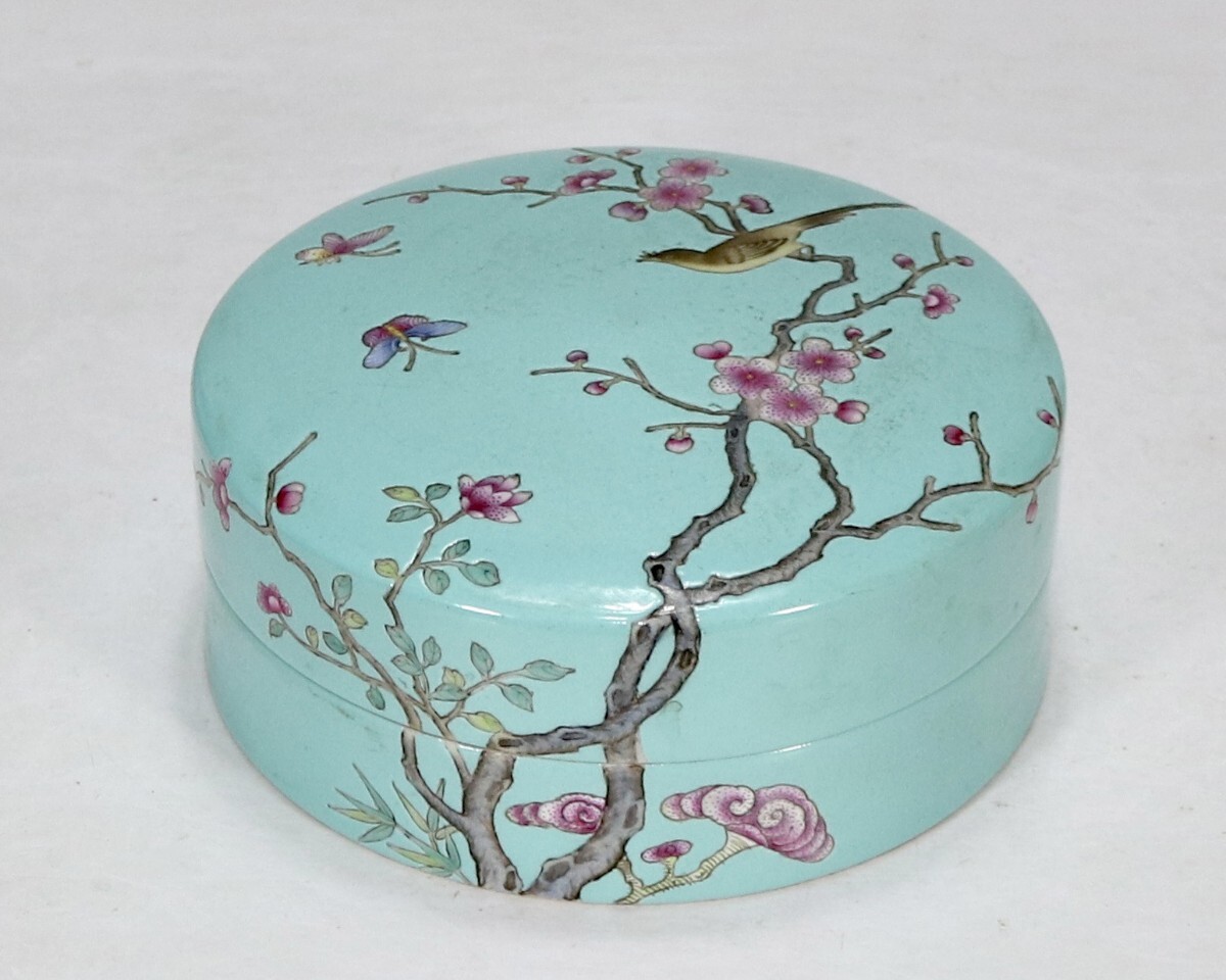 中国古美術 清時代 松石釉 花鳥 香合 陶磁器 骨董 古玩 時代物 中国美術 古美術 骨董品 唐物 当時物 口径16.5cm 高さ6.8cm　w9