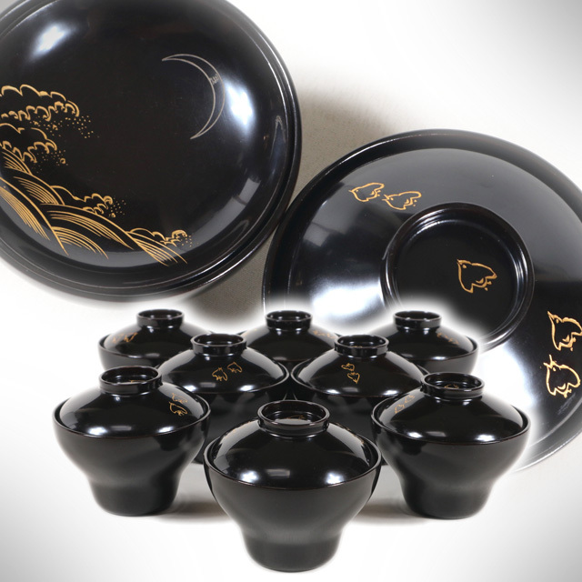 ●c291●【輪島塗沈金沈黒小吸物椀8客/三日月波に千鳥/黒真塗/菓子器菓子皿蕎麦猪口酒器】検お茶会煎茶道具茶懐石●西瓜●