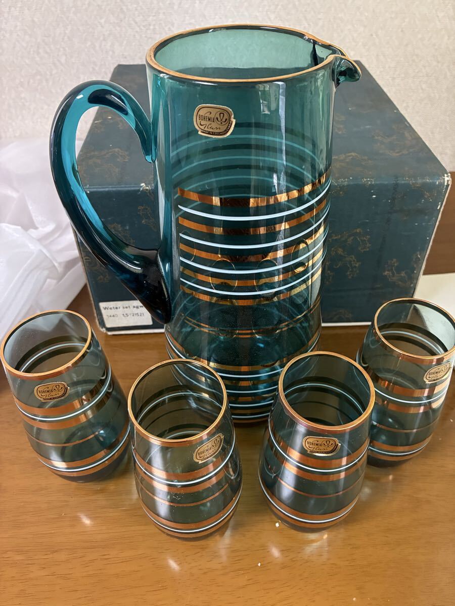 ボヘミア ガラス Bohemian Glass from Czechoslovakia Water set agwa ウォーターセット 水差し ガラス工芸品 グラス4客 箱付き 現状品