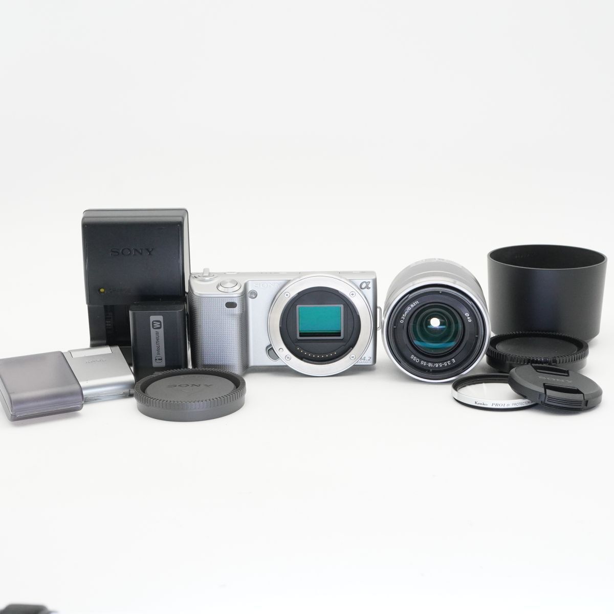 美品 動作確認済 SONY ソニー NEX-5 E 18-55mm F3.5-5.6 OSS シルバー 外付けフラッシュ付き ミラーレス一眼カメラ #f135AA6709