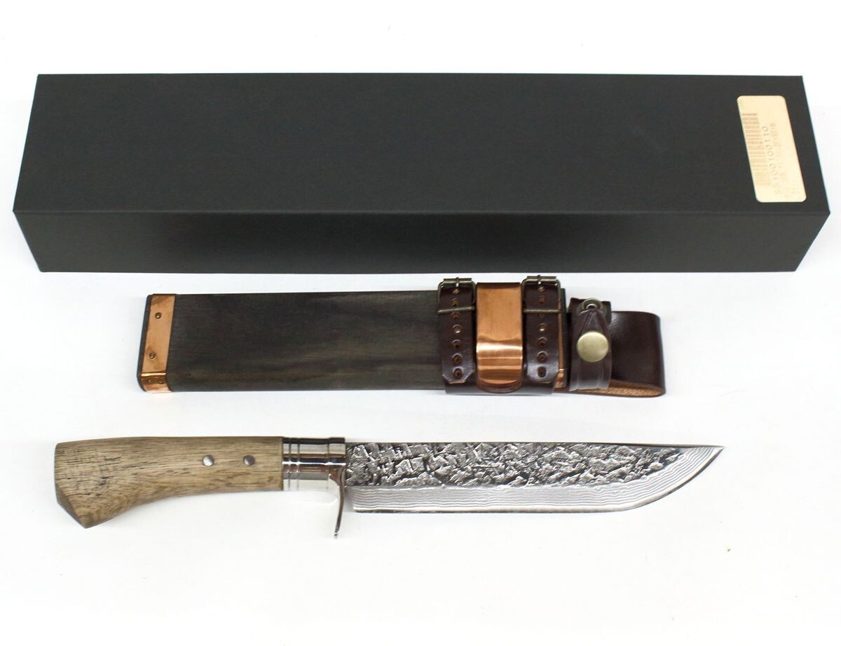 ○ 【未使用】 トヨクニ 晶之作 土佐鍛 ダマスカス山遊鉈 銅板木鞘 刃渡り18cm 全長32.5cm ケース付き ○MOF10574　ナイフ