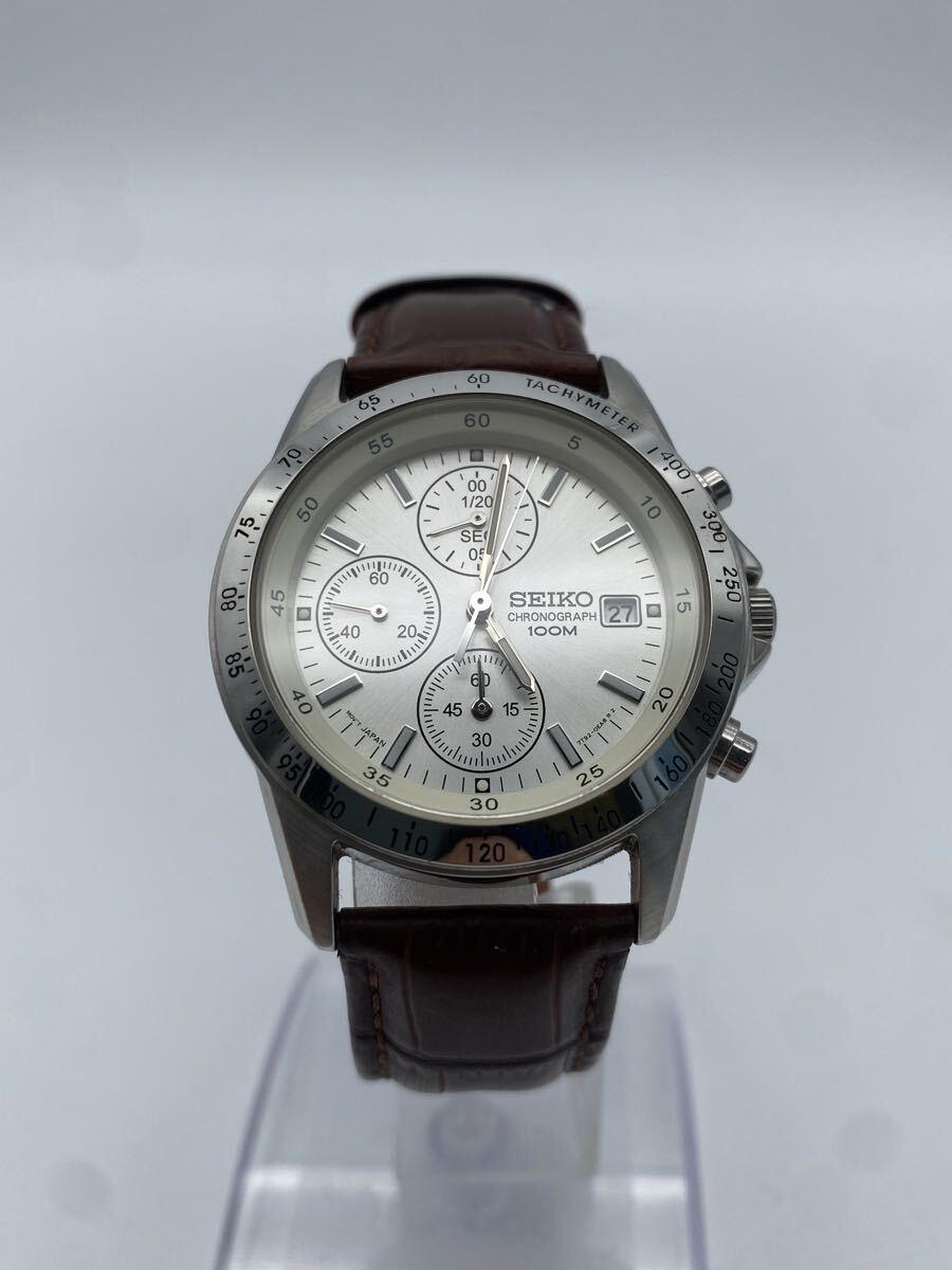 【1円スタート】SEIKO クロノグラフ腕時計SND363P1 ホワイト文字盤　セイコー　革ベルト クォーツ デイト CHRONOGRAPH