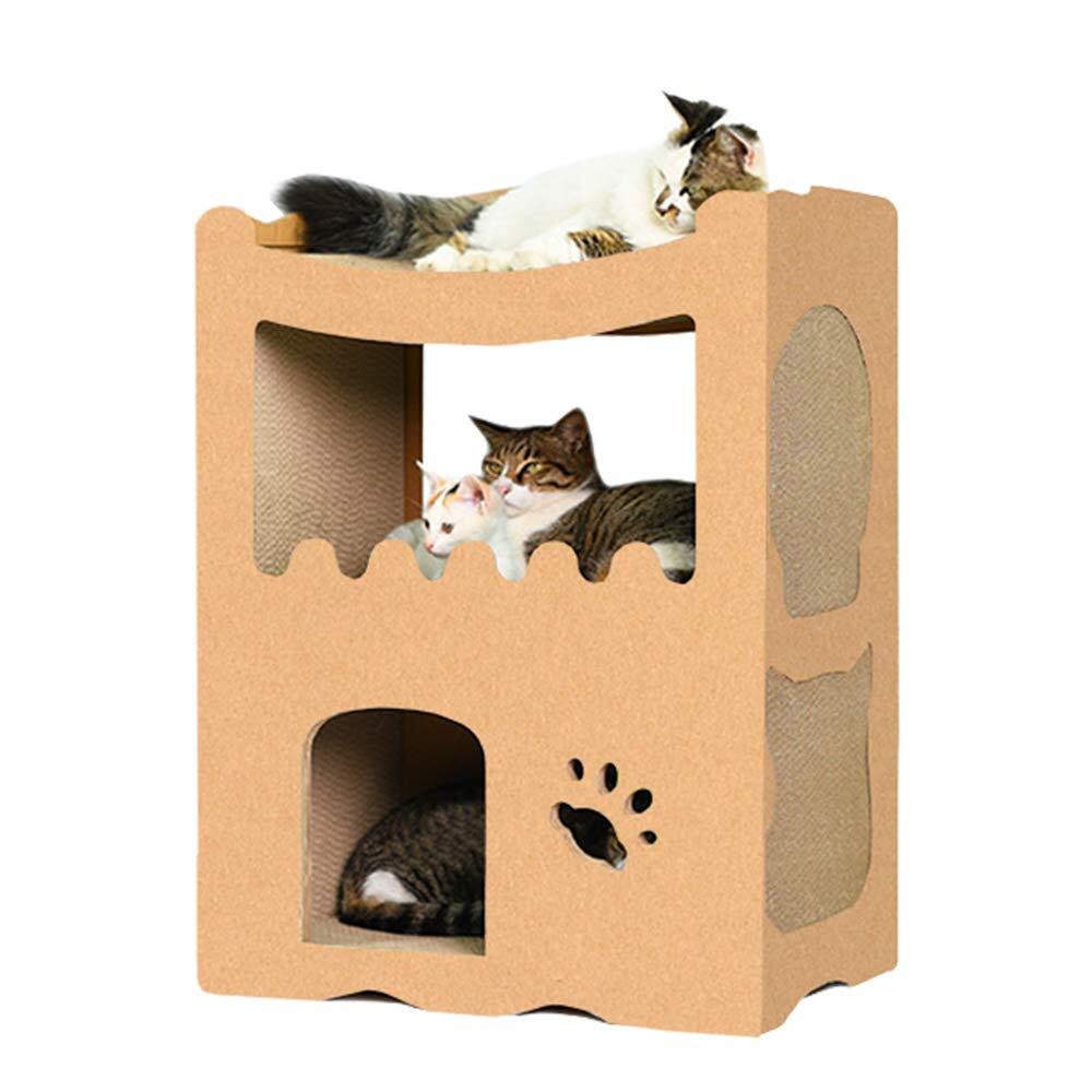 ★新品★【RAKU】猫用爪とぎ キャットハウス キャットタワー ダンボールハウス 爪とぎ兼ベッド 猫箱 二階 組み立て式 高密度段