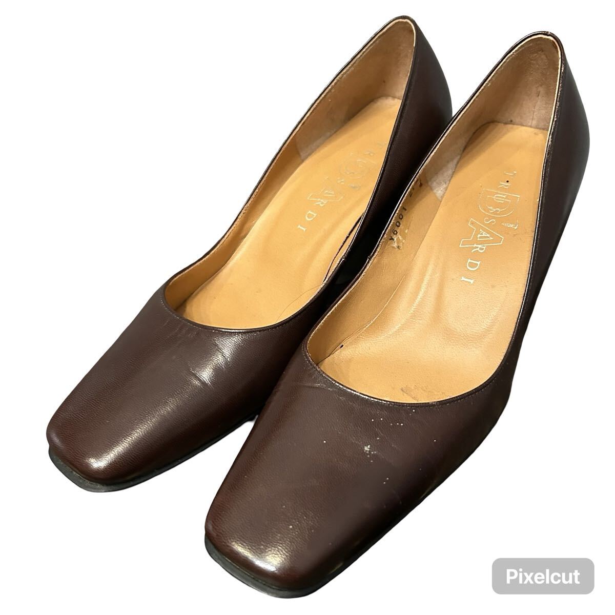 ※P1 TRUSSARDI トラサルディ ヒールレザーパンプス スクエアトゥ ブラウン 日本製 21.5cm