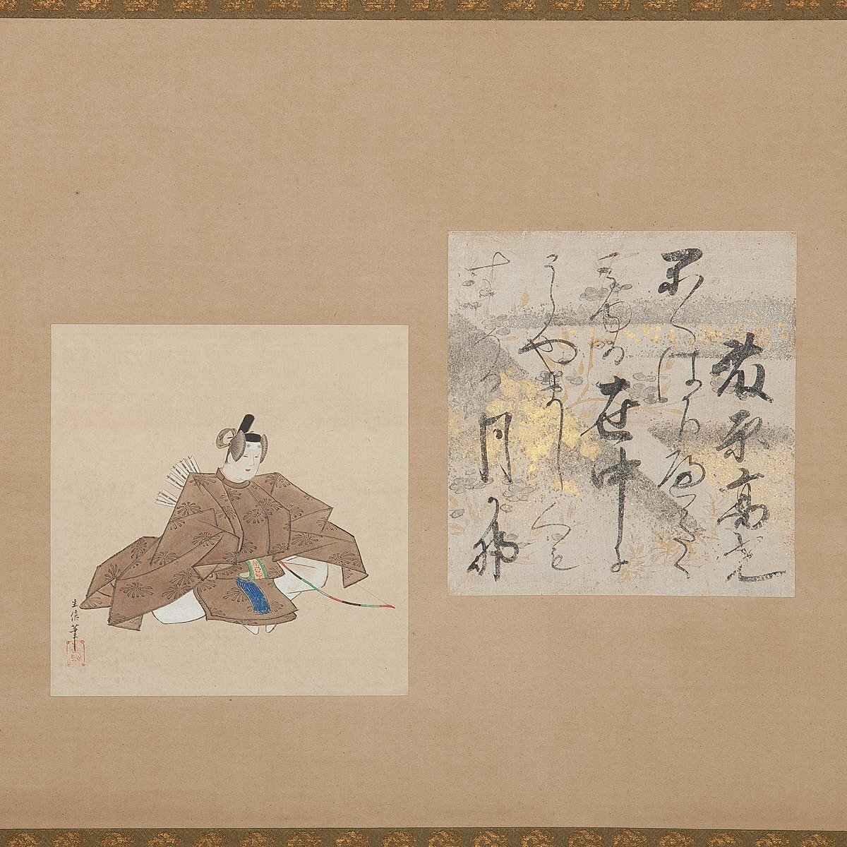 【五】三十六歌仙 藤原高光 歌仙絵 生信筆 紙本 墨 彩色 掛軸 箱付