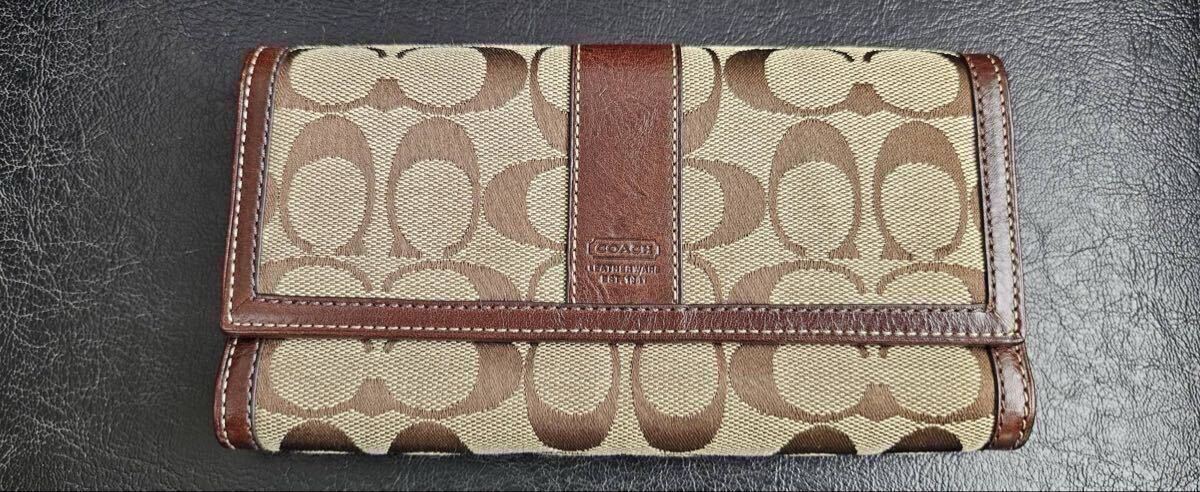 COACH コーチ 三つ折り財布 シグネチャー ベージュ×ブラウン レザー キャンバス ウォレット