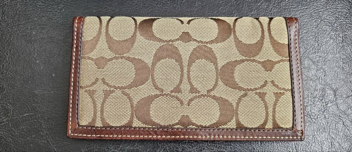 COACH コーチ 二つ折り 長財布 札入れ 手帳カバー シグネチャー ブラウン レザー キャンバス