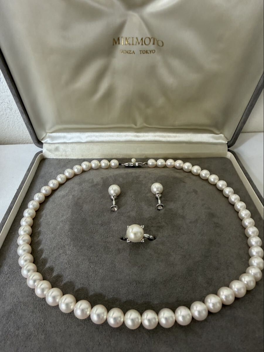 MIKIMOTO ミキモト パール ネックレス 約38g 約7.9mm イヤリング 約8.4mm リング 約9.6mm 3点セット 真珠 アコヤ真珠 K18WG Pt950 ［C784］