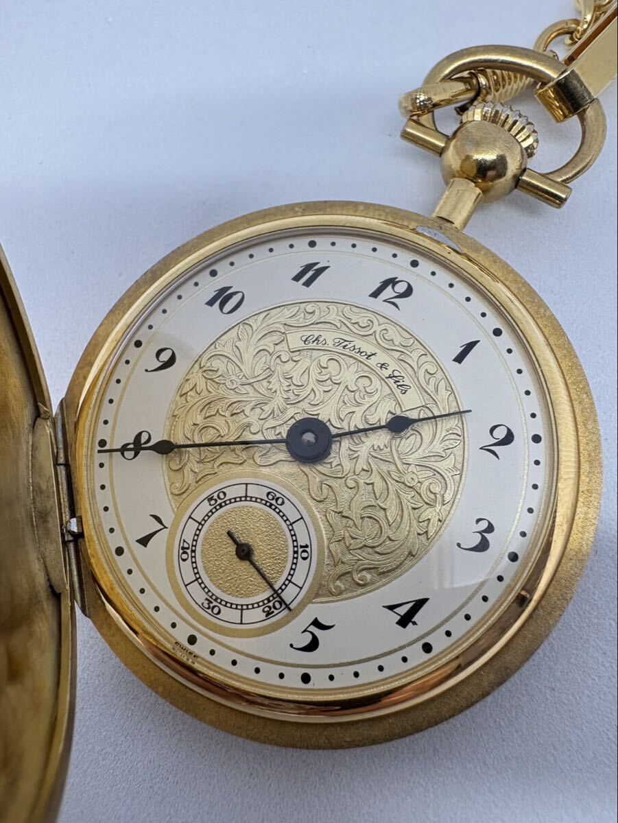 TISSOT ティソ 懐中時計 手巻き 17石 稼働品 Chs.Tissot&Fils チェーン付 企業記念品 蓋不良［C799-16］
