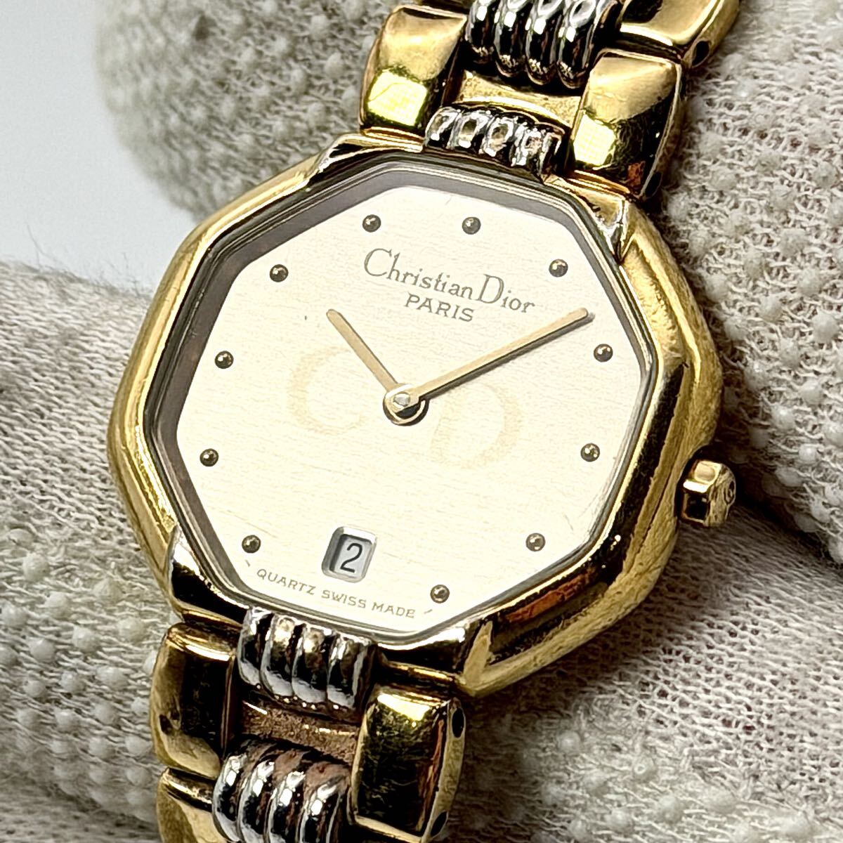 新品電池 稼動 Christian Dior クリスチャンディオール オクタゴン 48-133 デイト CD ゴールド ヴィンテージウォッチ vintage 腕時計 