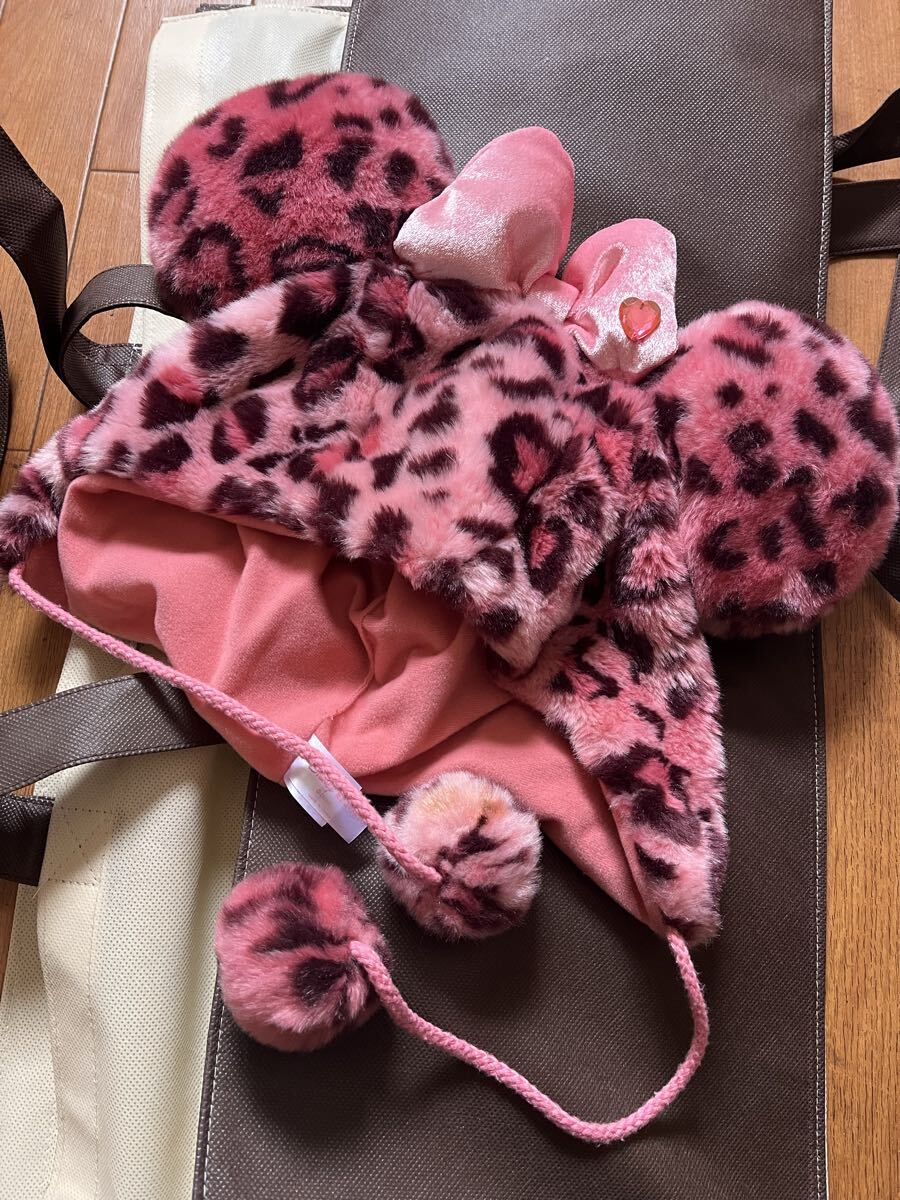 80*葉★ディズニー ミニー ヒョウ柄 ファンキャップ 58cm レオパード ピンク カチューシャ ダッフィーポシェット付