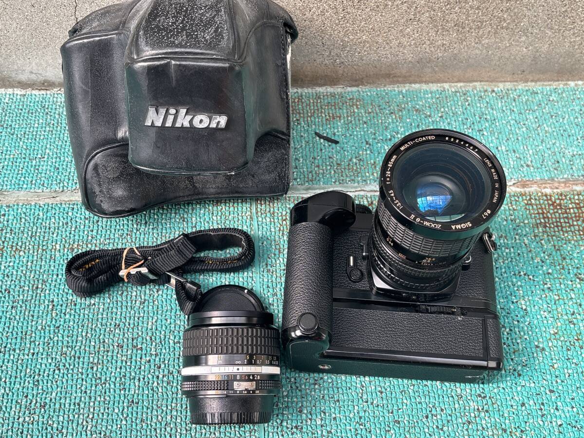 Nikon FE2 Ai-s NIKKOR 24mm 1:2.8 SIGMA 28-85mm 1:3.5-4.5 ニコン 一眼レフフィルムカメラ レンズ 2本、ケース付き