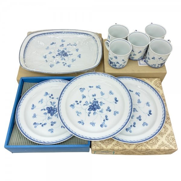 【イチオク】ノリタケ 特選会 日本の食器 野苺 モーニングカップ 5客 35cm 角皿 25cm 丸皿 3枚 ホワイト×ブルー 未使用 長期保管品