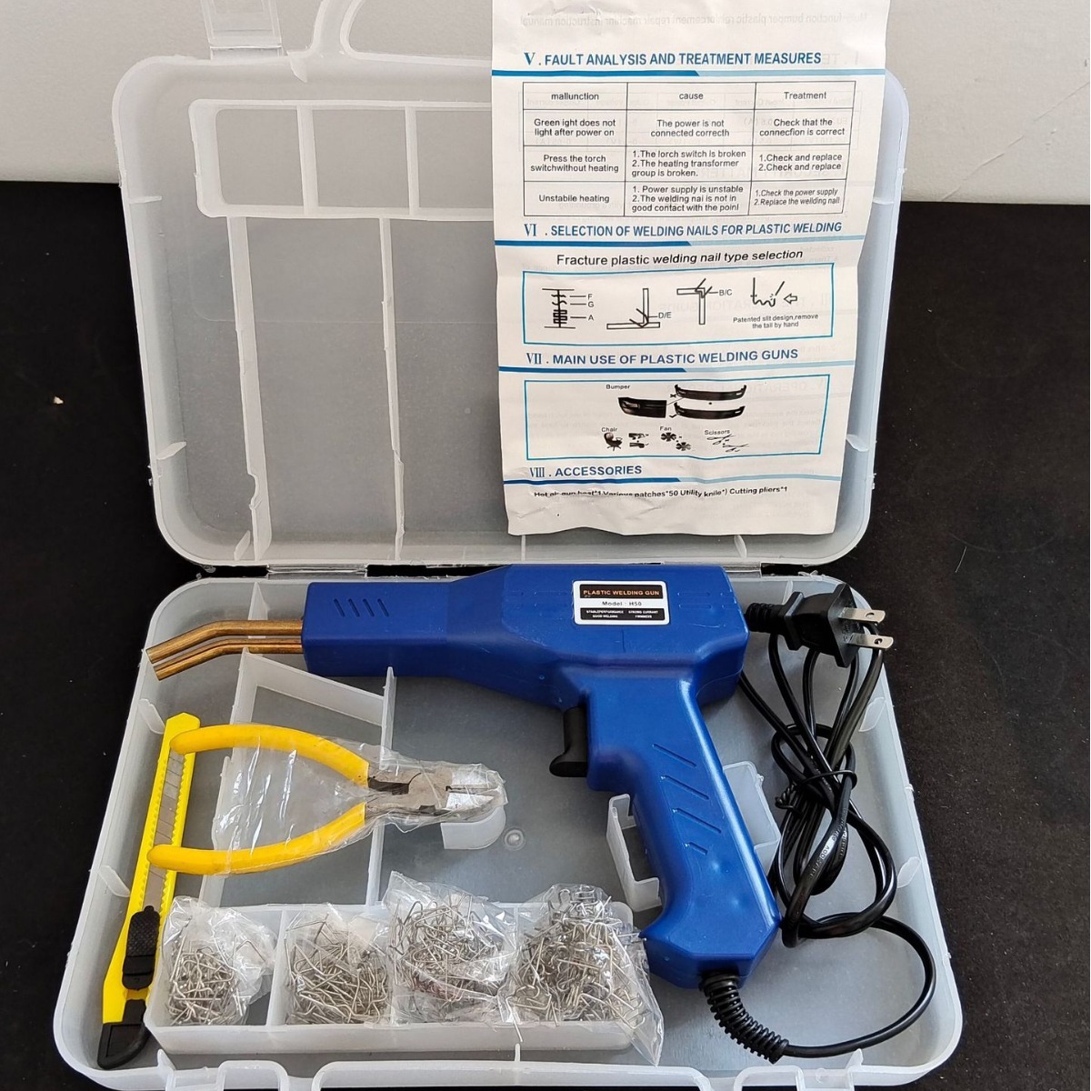 新入荷*プラスチック溶接機 急速加熱 カーバンパー修理キット 4種200本の溶接釘付きLED照明付き 自溶接修理 収納ボッ クス*ブルー