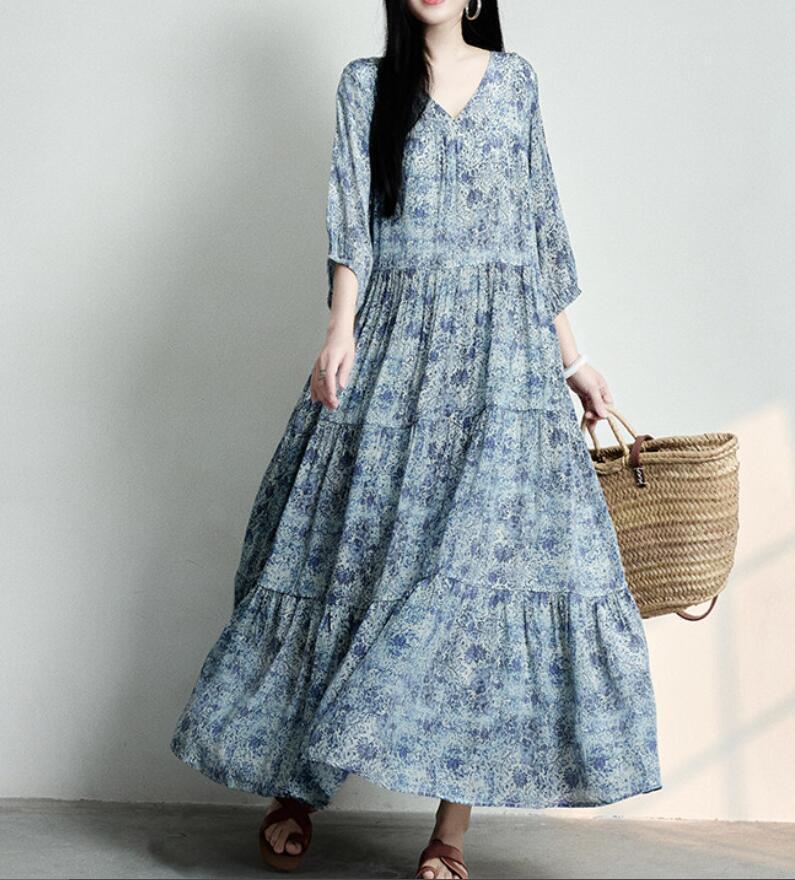カジュアル 花柄ワンピース レディース ロングワンピース ゆったり 大きいサイズ 通勤 Aライン ミモレ丈ワンピース