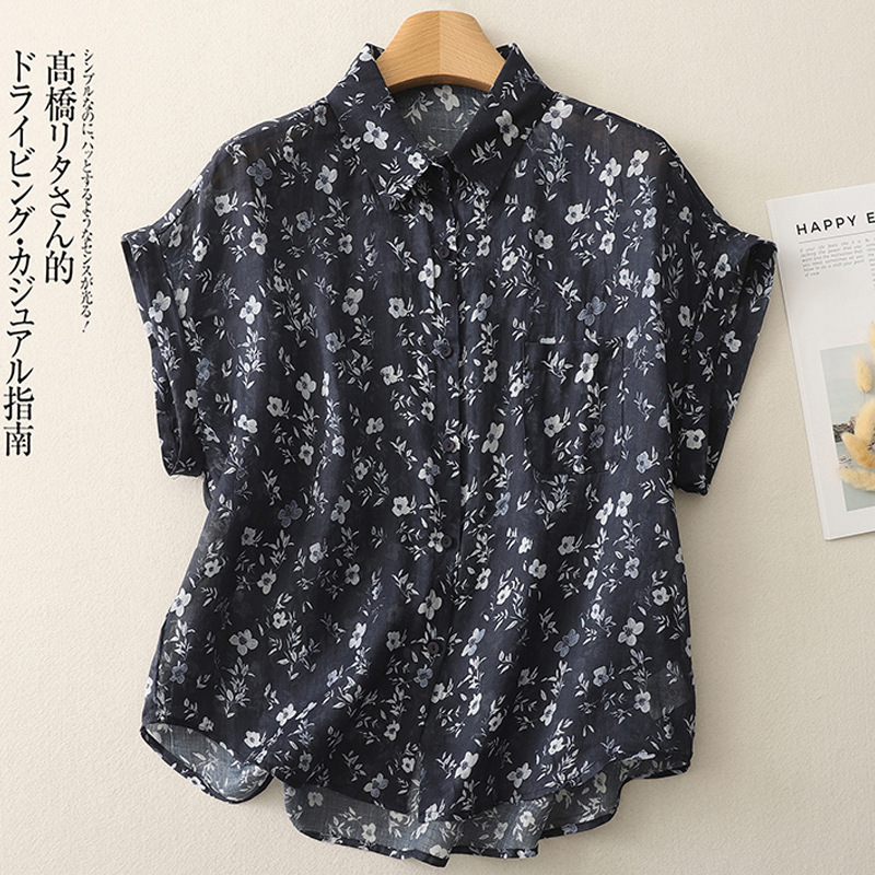 ■チュニック プリント柄 ブラウス レディース 半袖 大きいサイズ ブラウス 大人 トップス ゆったり シャツ tシャツ■紺