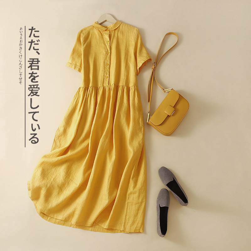★新品ワンピース シャツワンピース半袖夏ロングワンピース シャツワンピワンピ ハイウエストフレアワンピース カジュアル涼しい黄色