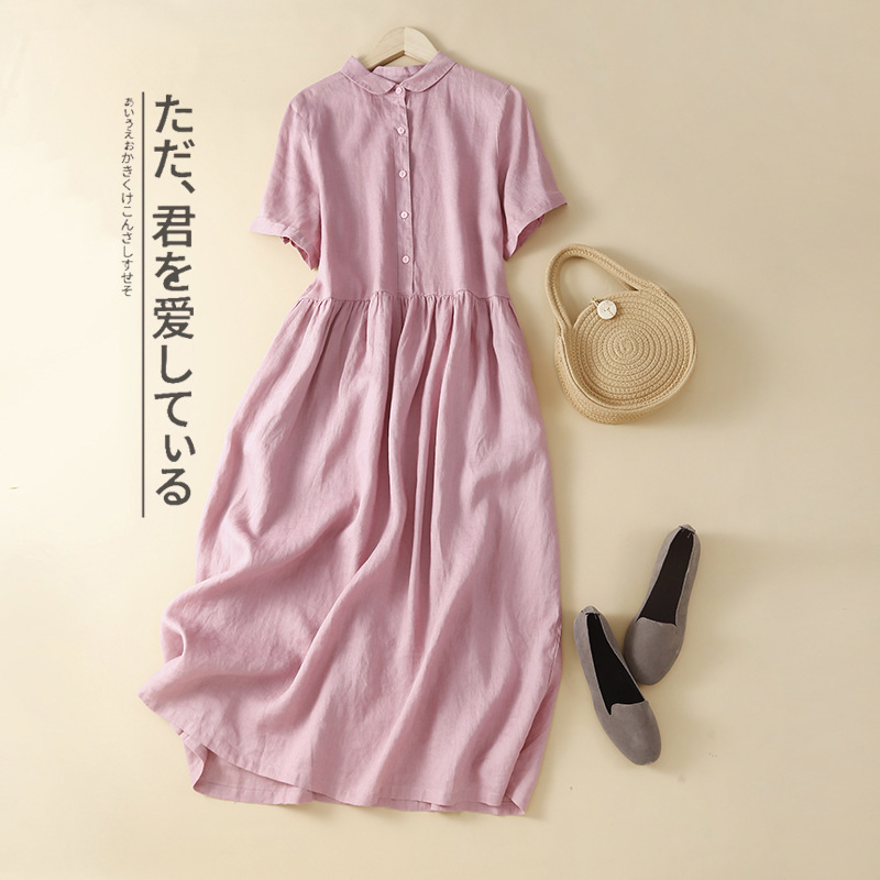★新品ワンピース シャツワンピース半袖夏ロングワンピース シャツワンピワンピ ハイウエストフレアワンピース カジュアル涼しいピンク
