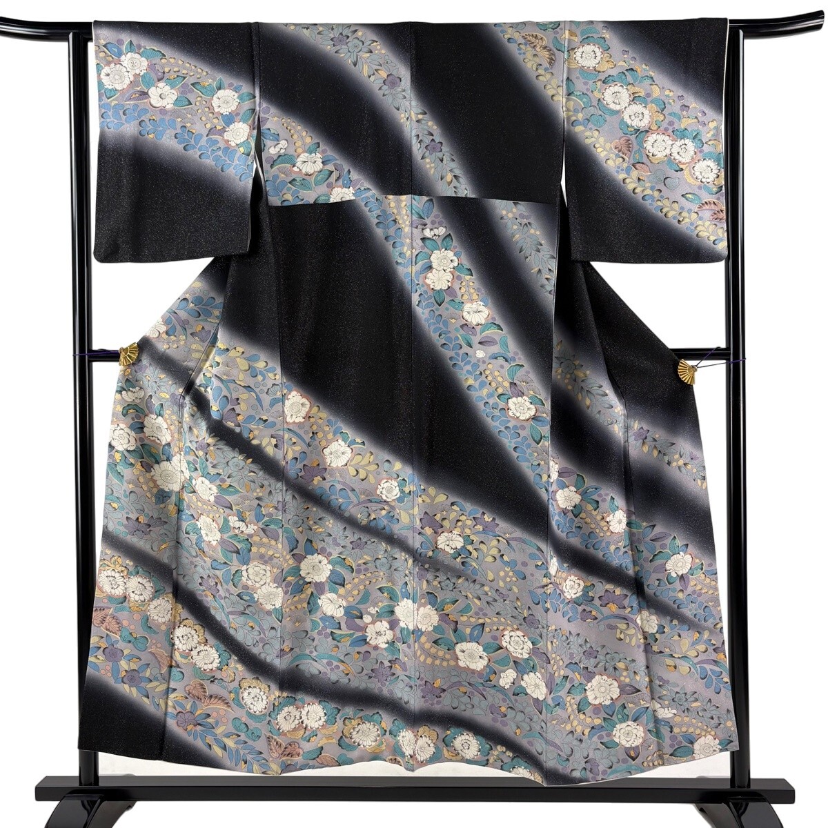 【美品】 訪問着 身丈153cm 裄丈62cm S 袷 辻が花柄 銀通し 金彩 黒 正絹 名品 【中古】
