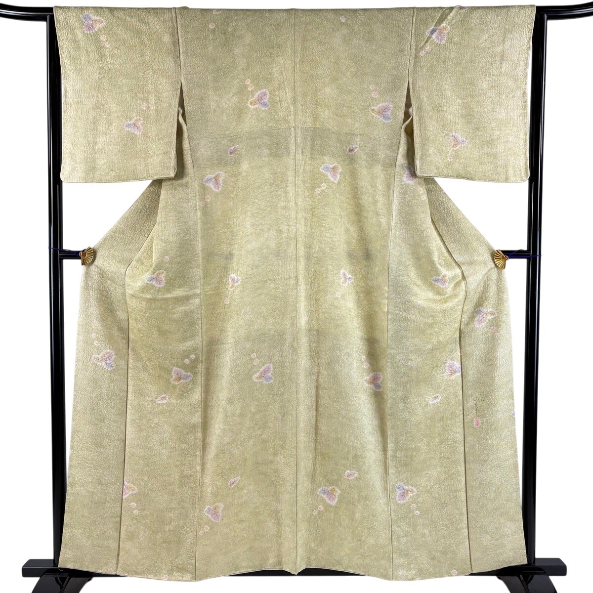 小紋 身丈158.5cm 裄丈64cm M 袷 落款 葉柄 絞り ぼかし 黄緑色 正絹 秀品 【中古】