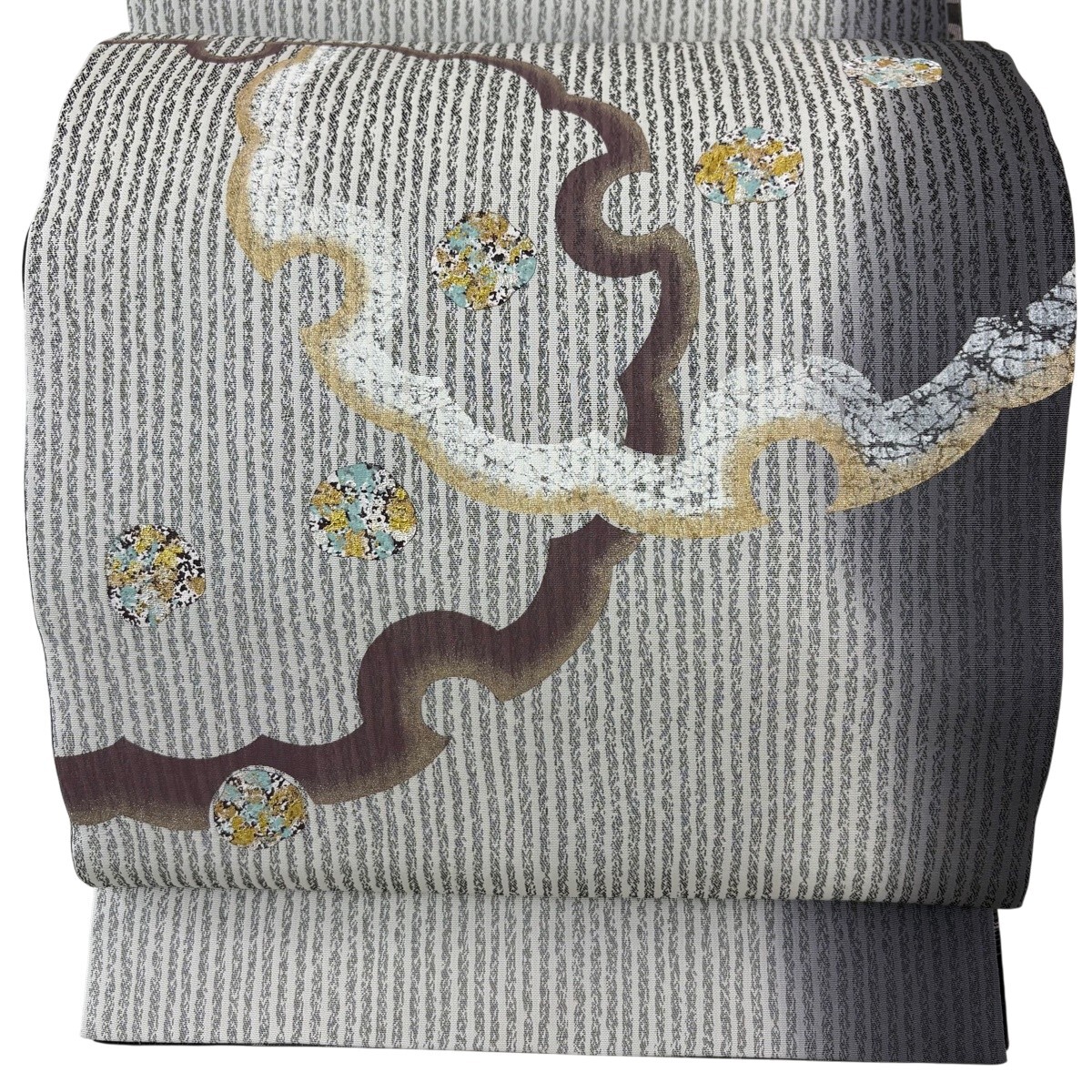 【美品】 袋帯 名品 雪輪 縦縞 金銀彩 灰白 お太鼓柄 正絹 【中古】