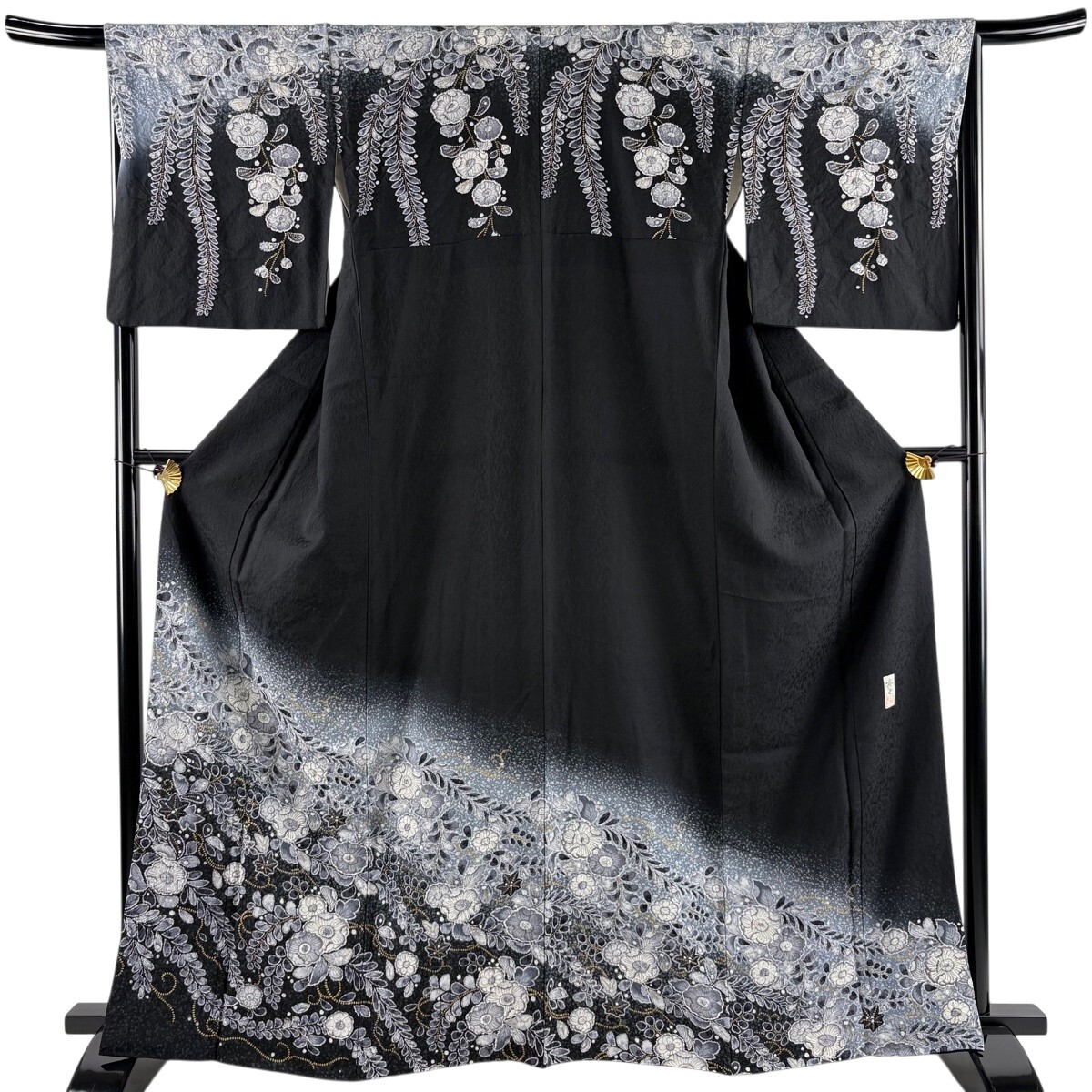 【美品】 訪問着 身丈164.5cm 裄丈66cm M 袷 落款 辻が花 金彩 ぼかし 黒 正絹 名品 【中古】