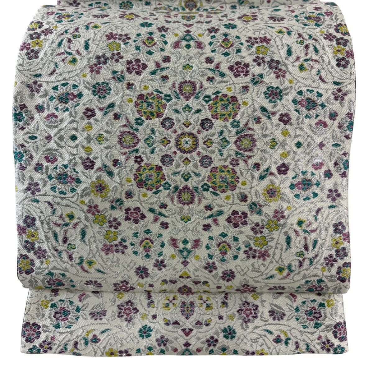 【美品】 袋帯 名品 落款 華文 草花 銀糸 白 六通 正絹 【中古】