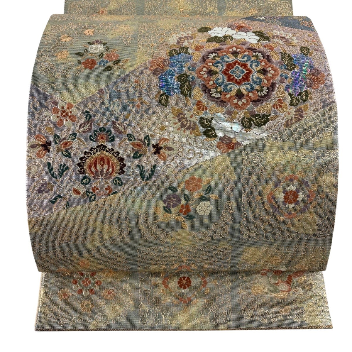 【美品】 袋帯 秀品 関西仕立て 華文 花鳥 螺鈿箔 刺繍 薄茶色 お太鼓柄 正絹 【中古】