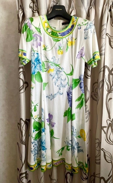 レオナール★Leonard／ワンピース、フラワー総柄ロングドレス、金彩共布ベルト 肩パット Sz.M ／綿100% グリーン パープル イエロー系