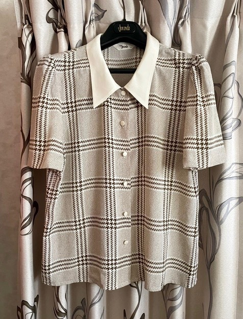 madam Joconde★マダム ジョコンダ／クレリック・シャツ ブラウス 半袖 Sz.M 9号／チェック柄 トップス アウター