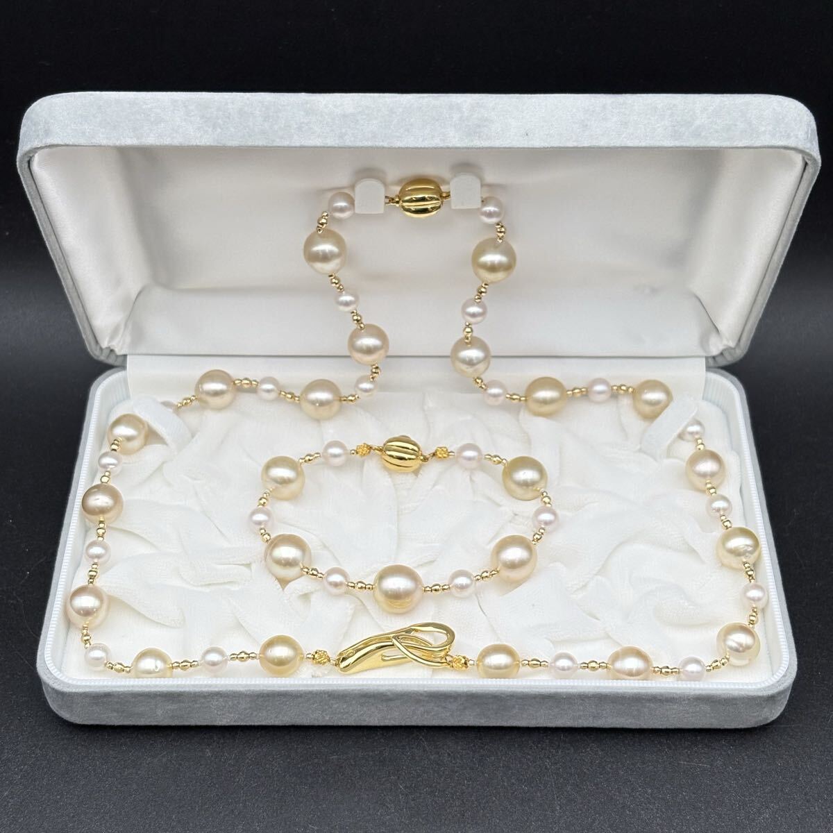 I05-48 美品 アコヤ真珠 白蝶真珠 ネックレス ブレスレット 2点セット ゴールデンパール パールネックレス SILVER レディース アクセサリー