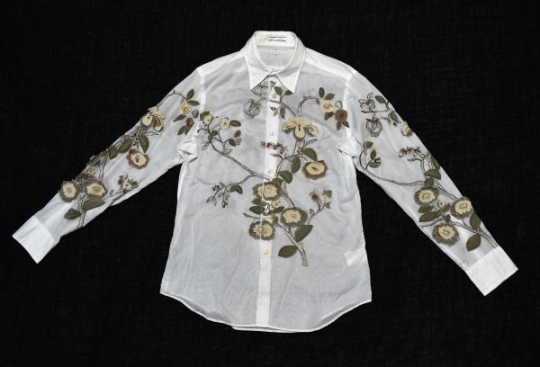 1★ポールスミス★PAUL SMIITH★ジョイックスコーポレーション★白地前後に刺繍#花葉&立体型の花や虫のアップリケ付き 薄手の長袖シャツM