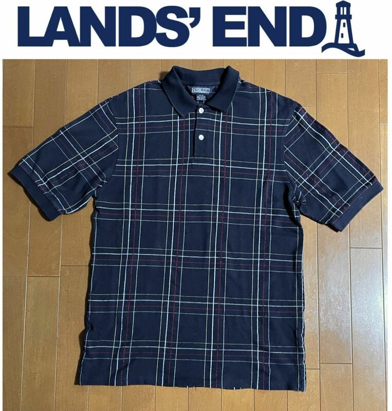 ★LANDS' END ランズエンド★ネイビーカラーにホワイト・レッド・イエローチェックライン！メンズ半袖ポロシャツ/L-LL