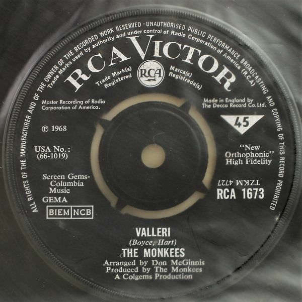 T-515 UK盤 かなり美盤 The Monkees Valleri/ Tapioca Tundra ザ・モンキーズ すてきなヴァレリ RCA 1673 オリジナルスリーブ 45 RPM