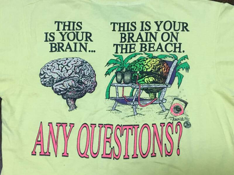 レア 好プリント ビンテージ 80s USA製 BRAINWAVES Tシャツ L フルーツタグ 脳ミソ ブレイン バンド ラスタカラー LIFE'S A BEACH