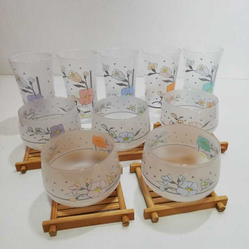 亀井ガラス KAMEI GLASS 色変わり 磨りガラス 冷茶器揃 『フローレット』 10客セット [茶器 冷茶グラス タンブラー 竹ひご茶托]