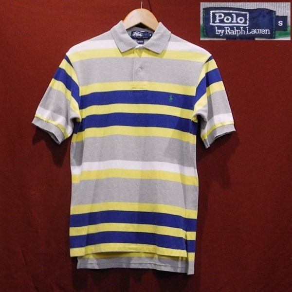  POLO ラルフローレン 90's USA製 旧タグ ボーダー ロゴ 半袖 ポロシャツ グレー 青 黄色 白 S 美品