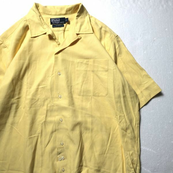 デッドストック 90's ポロラルフローレン オープンカラー シルク コットン シャツ 半袖 (L) 薄黄 ボックスシャツ 90年代 CALDWELL 未使用